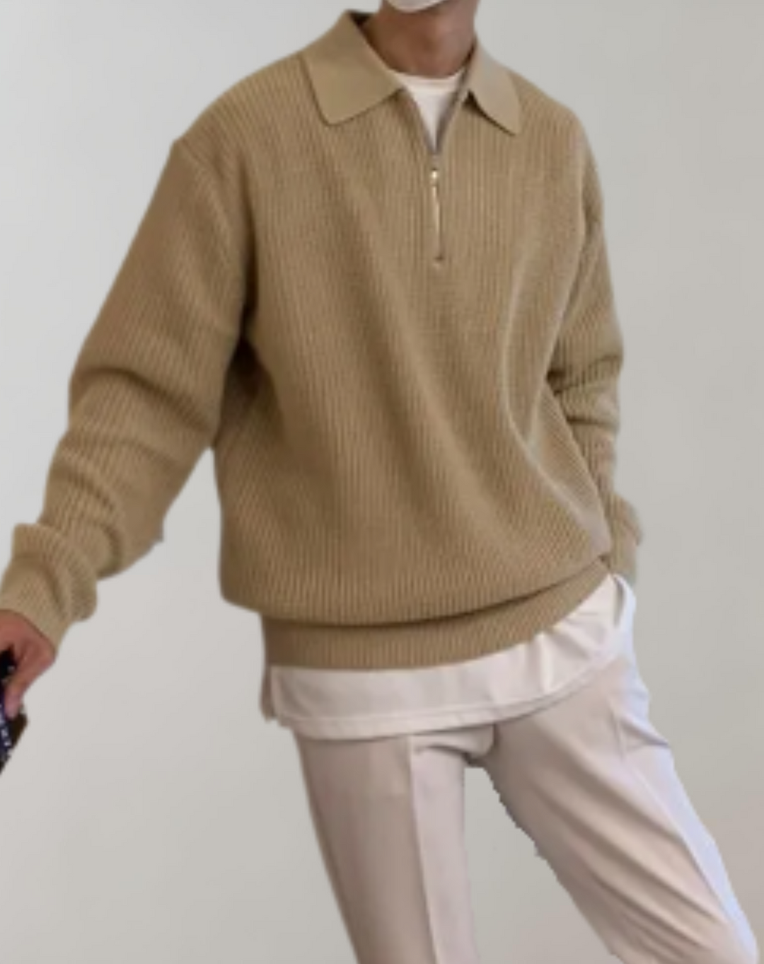 Men's Knit Sweater with Half Zip and Loose Fit