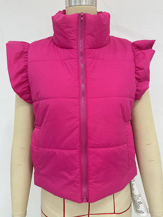 Women's quilted vest with ruffled sleeves and high collar