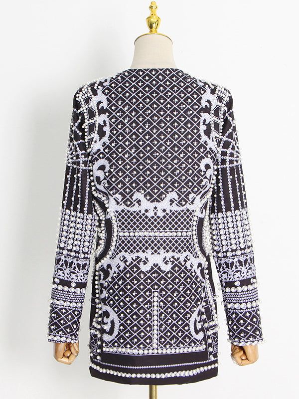 Women's blazer with pearl embellishment and V-neck