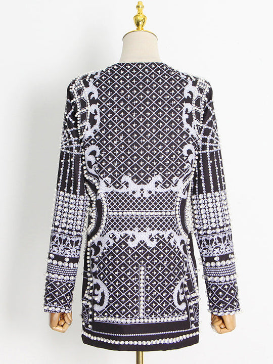 Women's blazer with pearl embellishment and V-neck