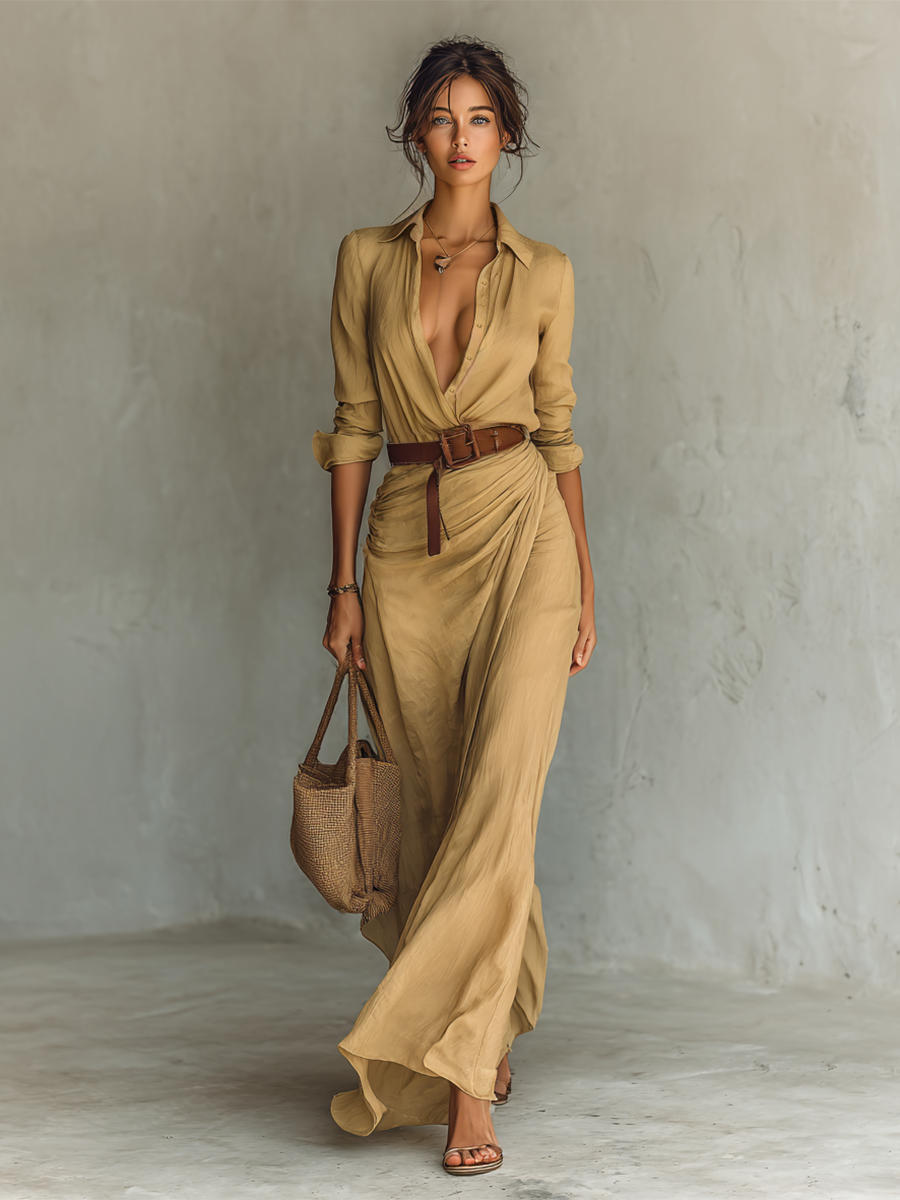 Women's Maxi Dress with Belt and Flowing Cut 