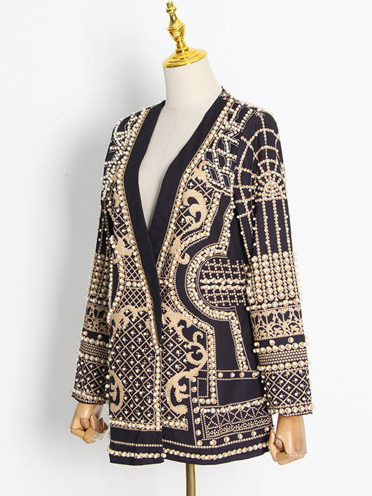 Women's blazer with pearl embellishment and V-neck