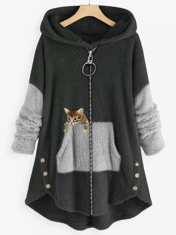 Women's hooded coat with cat print and button pockets