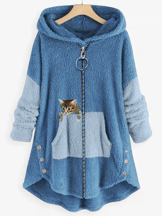 Women's hooded coat with cat print and button pockets