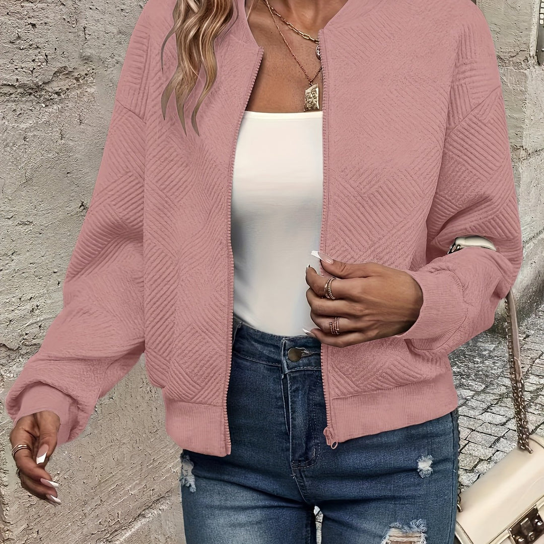 Lightweight transitional jacket with stand-up collar and zipper for women