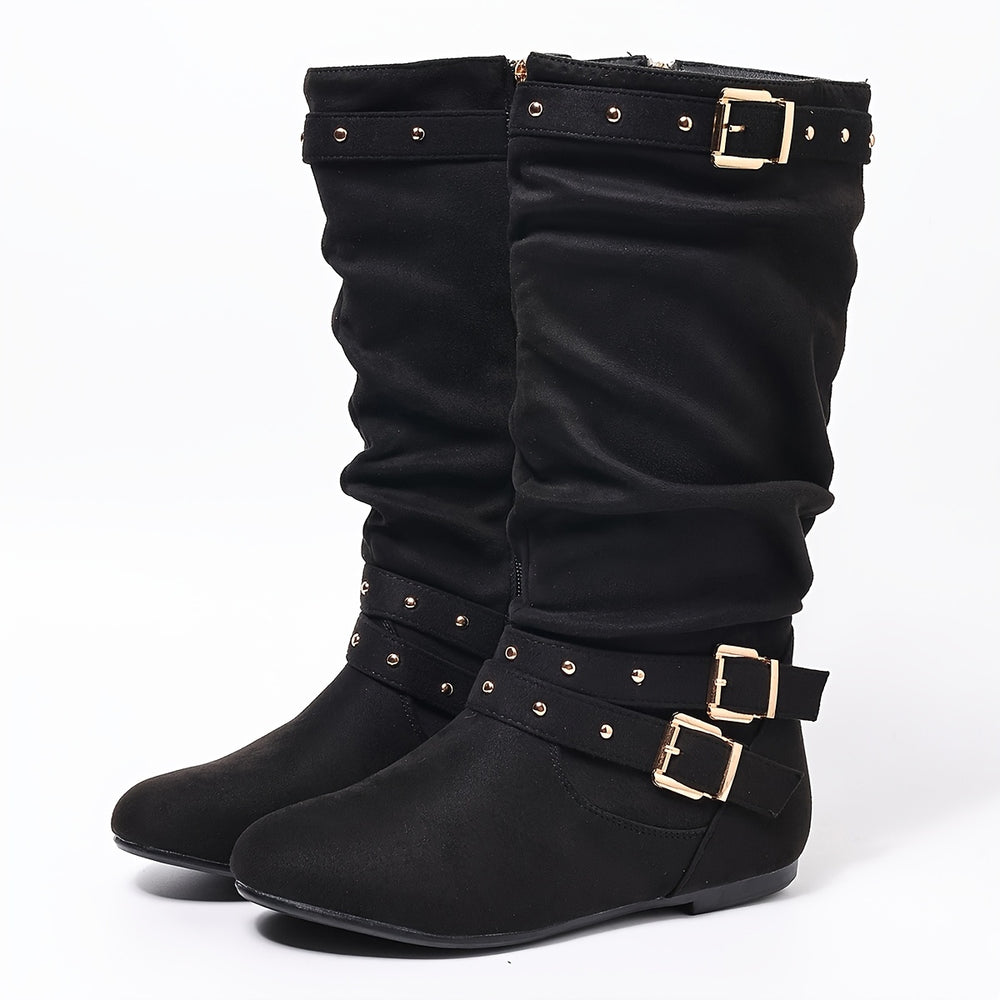 Knee-high boots with decorative buckles and flat sole for women