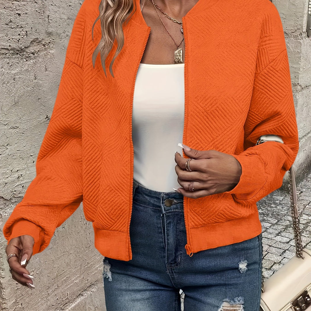 Lightweight transitional jacket with stand-up collar and zipper for women