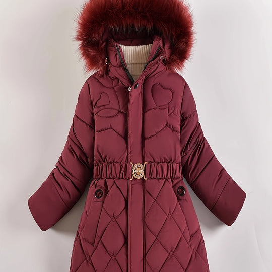 Quilted winter jacket with hood and belt for women