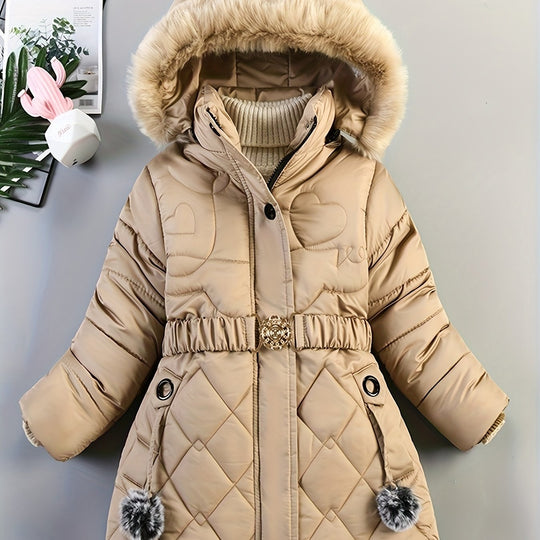 Quilted winter jacket with hood and belt for women