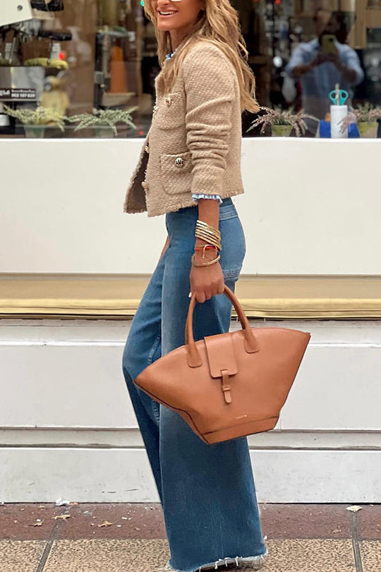 Women's short jacket with round neck and button placket