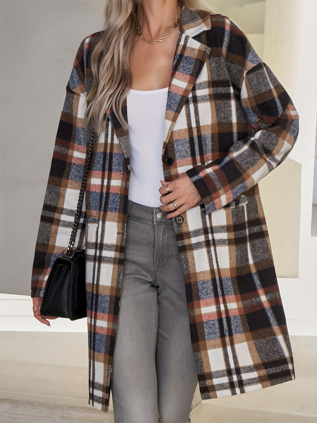 Checked long coat with button placket for women