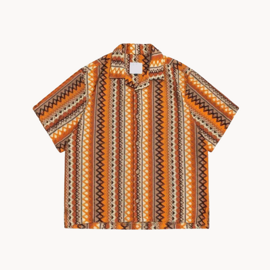 Men's geometric stripe shirt with camp collar and button front