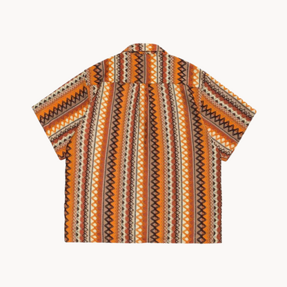 Front view of men's camp collar geometric stripe shirt