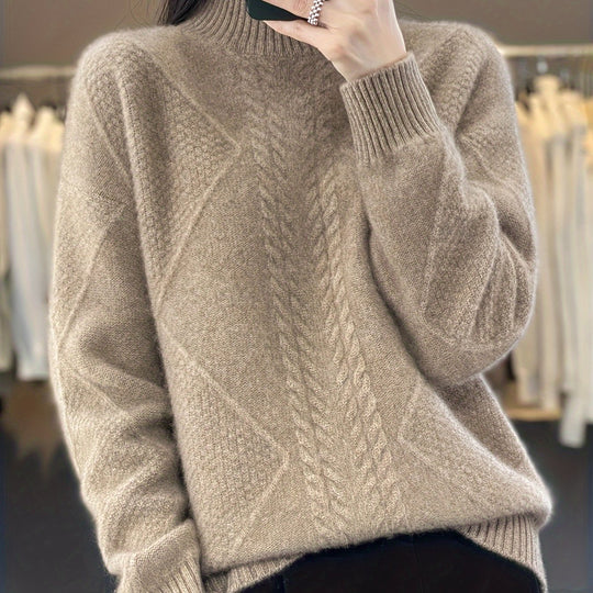 Women's knitted sweater with half stand-up collar and cable knit pattern 