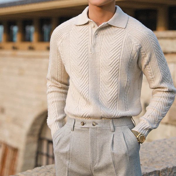 Herren Strickpullover Mit Knopfkragen Strukturstrick