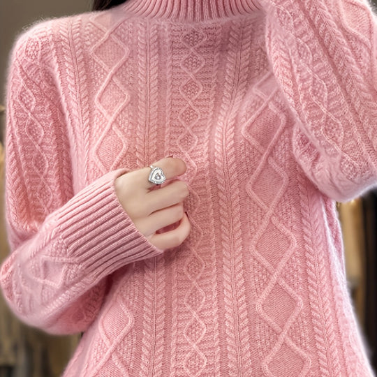 Cable knit sweater with stand-up collar for women