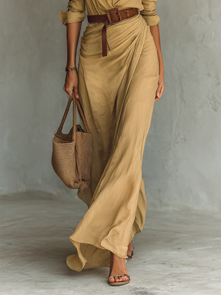 Women's Maxi Dress with Belt and Flowing Cut 
