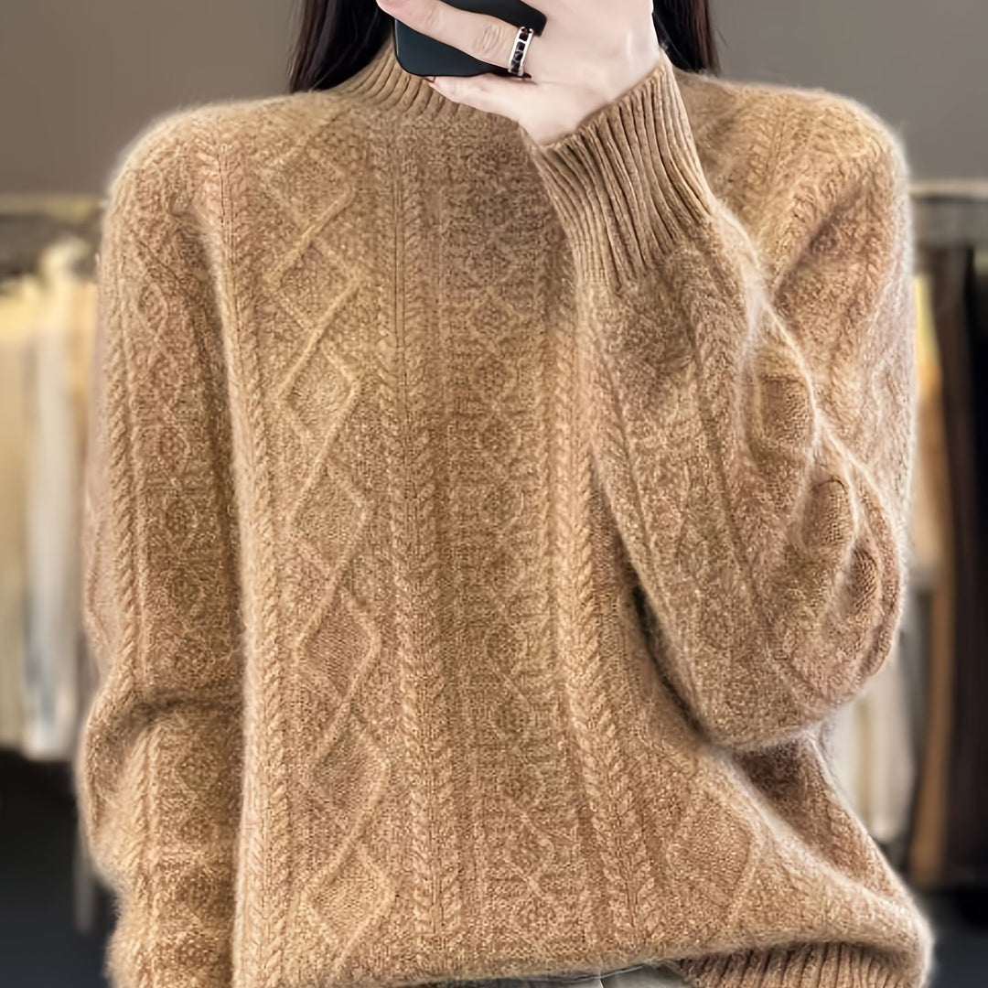 Cable knit sweater with stand-up collar for women