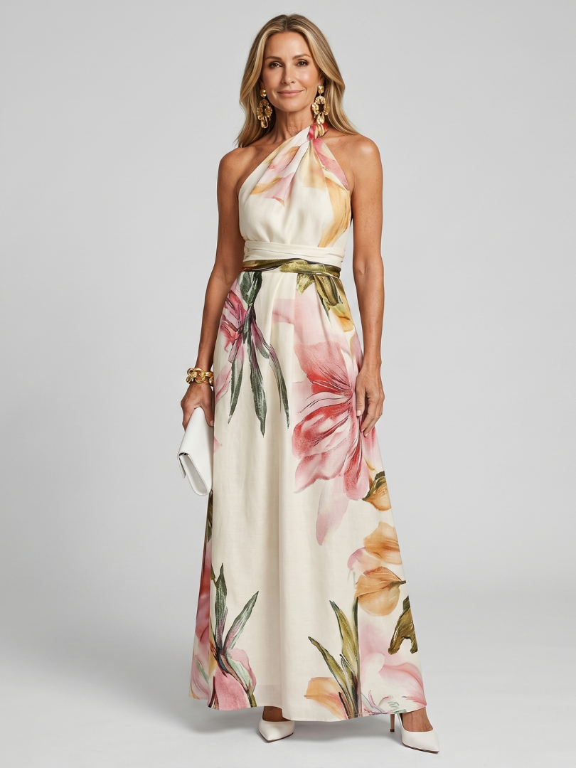 Damen-Maxikleid mit Neckholder und Blumenmuster in voller Länge