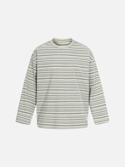 Men's grey striped long sleeve T-shirt shown from the front
