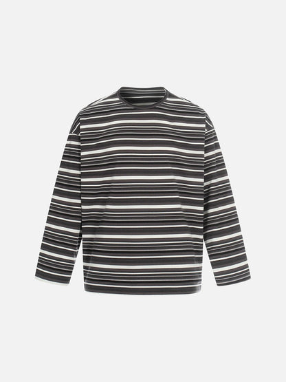 Men's grey striped long sleeve T-shirt shown from the back