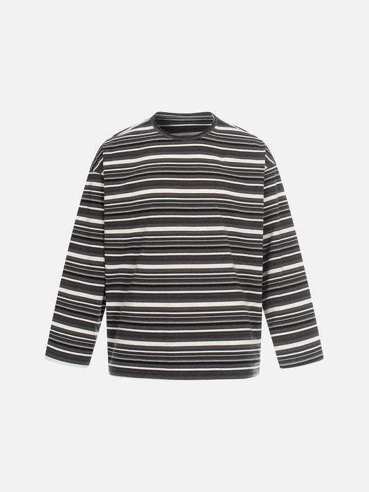 Men's grey striped long sleeve T-shirt shown from the back