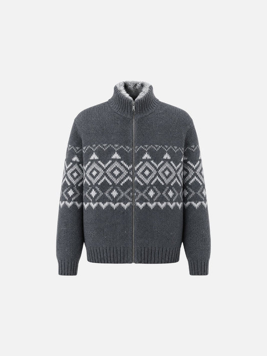 Damen-Strickjacke mit Stehkragen und geometrischem Muster