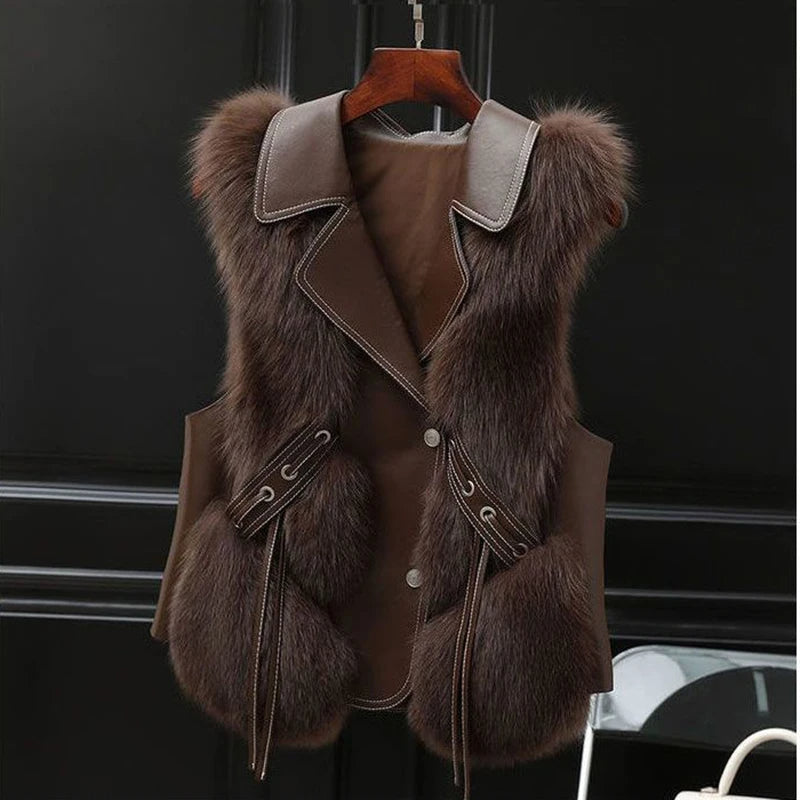 Women's vest with faux fur and tie belt