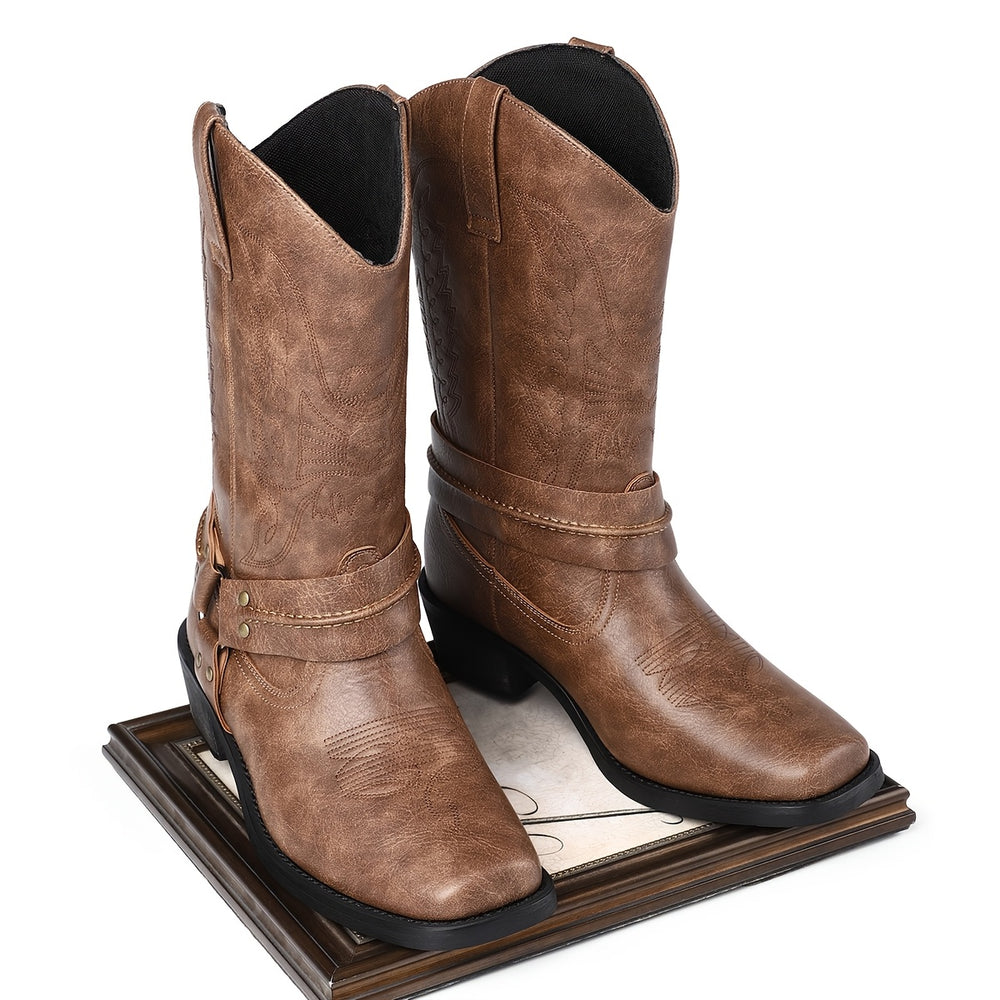 Western boots with decorative buckle and square toe for women 