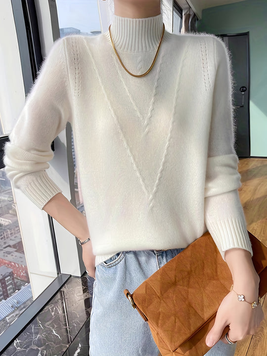 Women's knitted sweater with stand-up collar and textured pattern