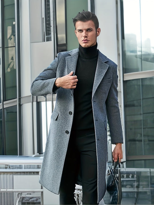 Long coat with lapel collar and button placket for men
