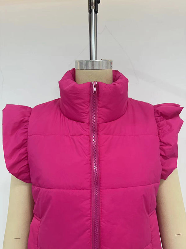 Women's quilted vest with ruffled sleeves and high collar