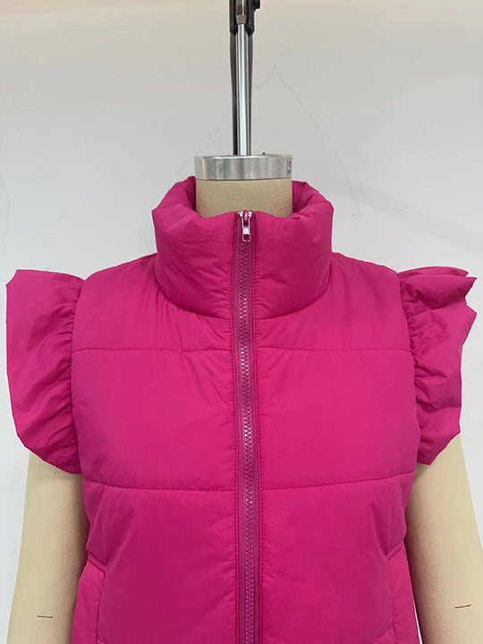 Women's quilted vest with ruffled sleeves and high collar