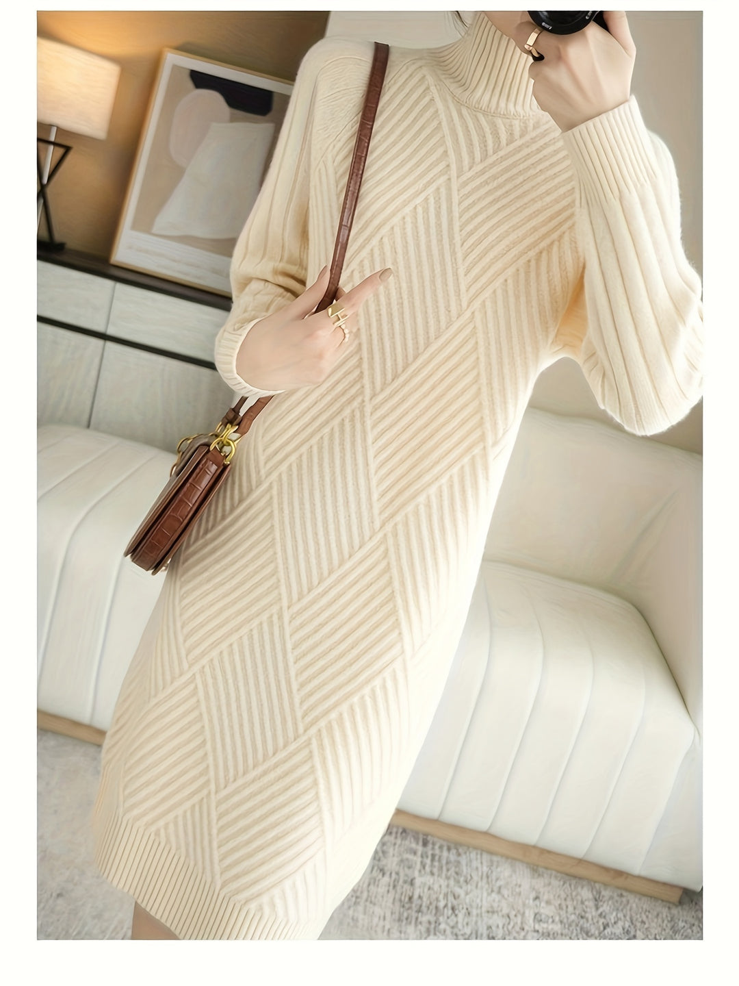 Women's knitted dress with stand-up collar and ribbed texture