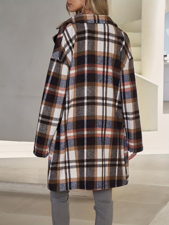 Checked long coat with button placket for women