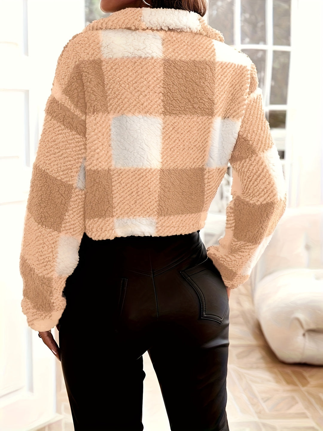 Checked teddy jacket with zipper for women