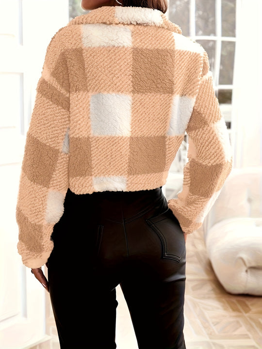 Checked teddy jacket with zipper for women
