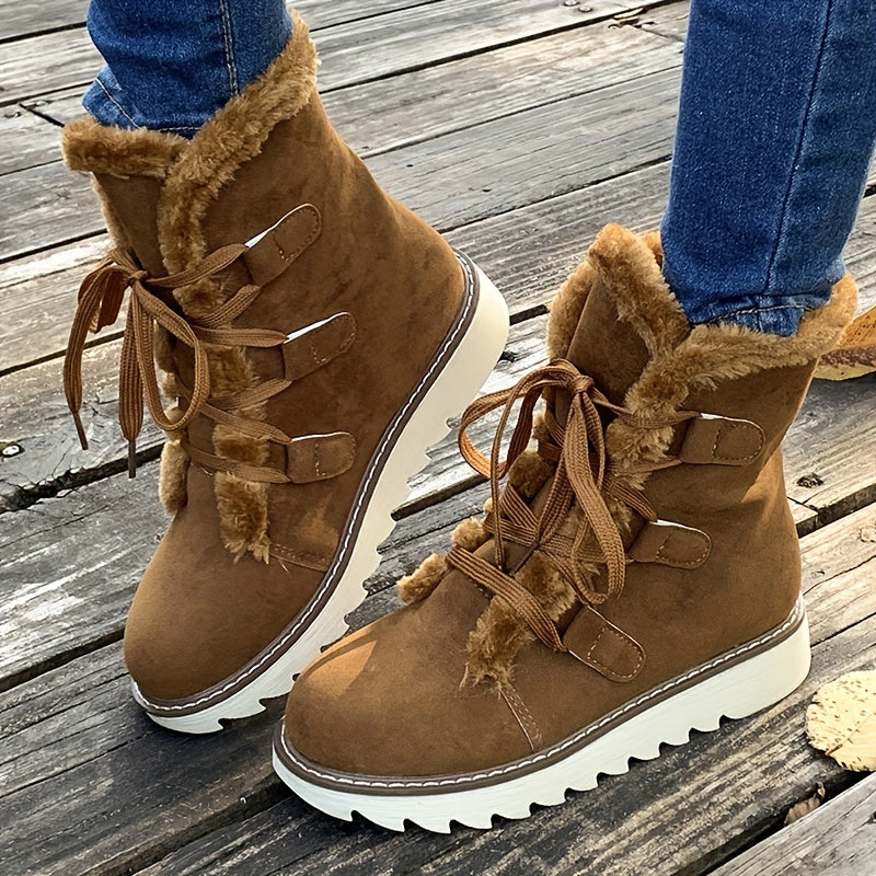 Lace-up boots with faux fur trim and platform sole for women