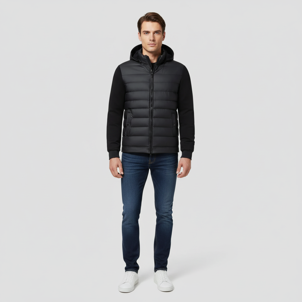 Hybrid winter jacket with hood in a modern style for men