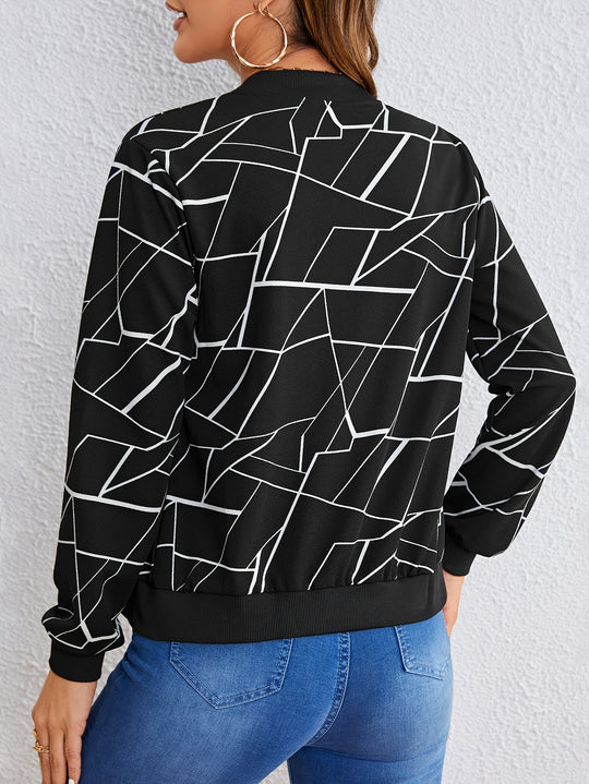Geo Print Casual Jacket with Zipper for Women