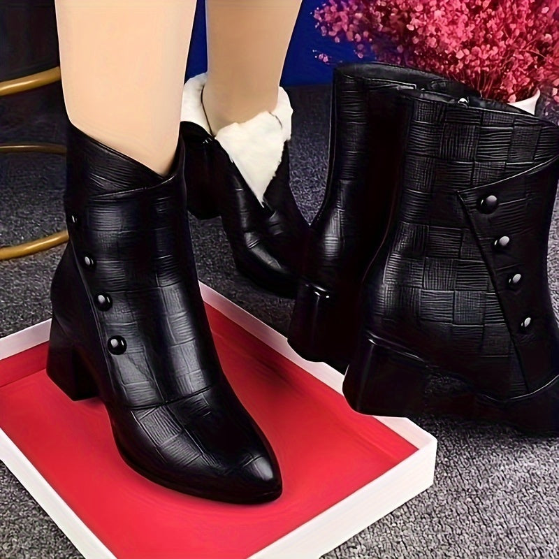 Short ankle boots with block heel and decorative buttons for women