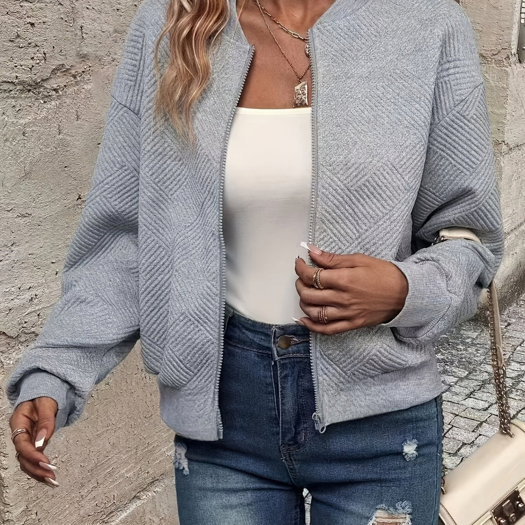 Lightweight transitional jacket with stand-up collar and zipper for women