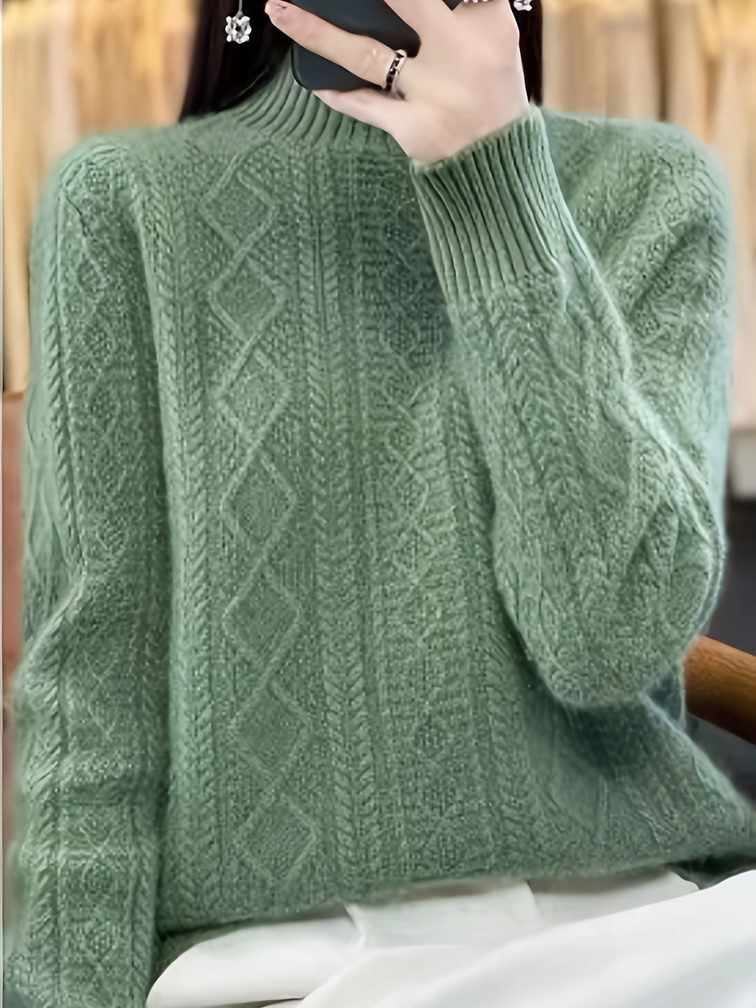 Cable knit sweater with stand-up collar for women