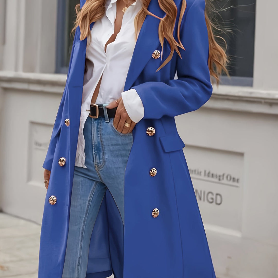 Long trench coat with button placket and A-line cut for women