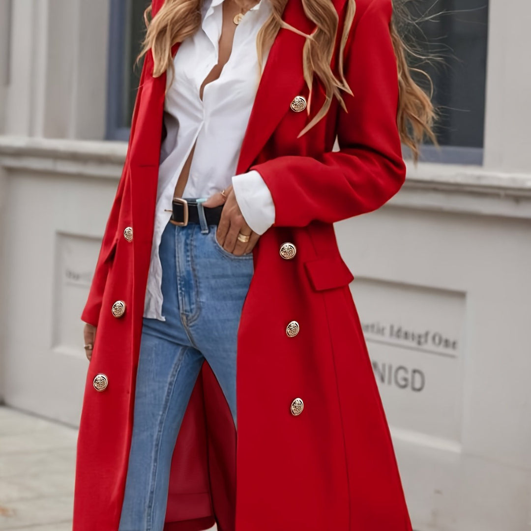 Long trench coat with button placket and A-line cut for women