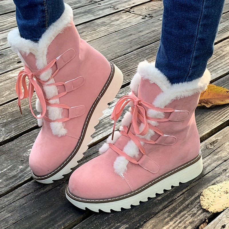 Lace-up boots with faux fur trim and platform sole for women
