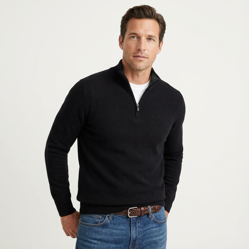 Nahaufnahme des Stehkragens am Herren Quarter-Zip-Pullover