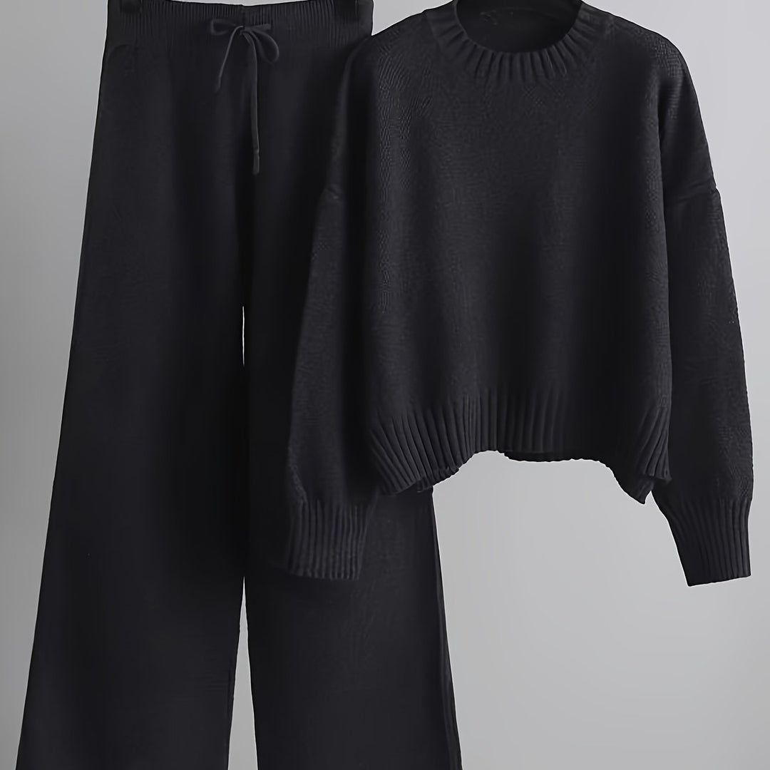 Two-piece knitwear set with round neck and wide-leg trousers for women