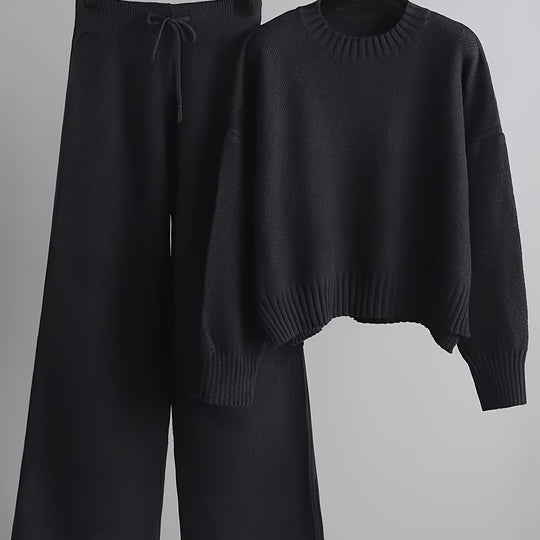 Two-piece knitwear set with round neck and wide-leg trousers for women