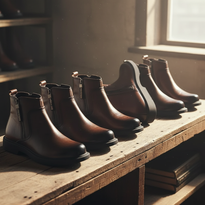 Detailansicht des braunen Leders am Herrenstiefel